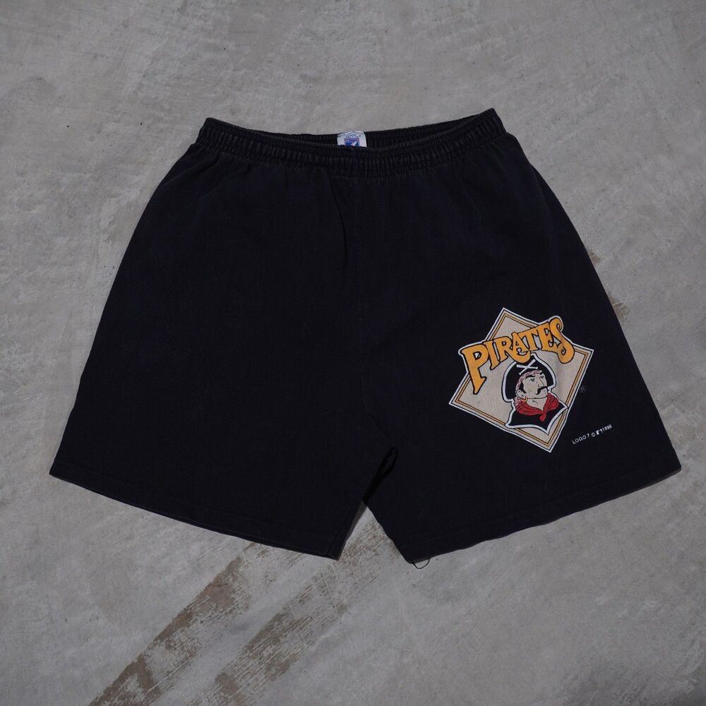 90s Pittsburgh Pirates Shorts Mens M Black Logo 7 Made in USA MLB Cotton 1995